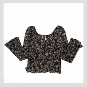 Free People Bell Sleeve Black Peach Print Top Long Sleeve Tie Front Blouse XS
